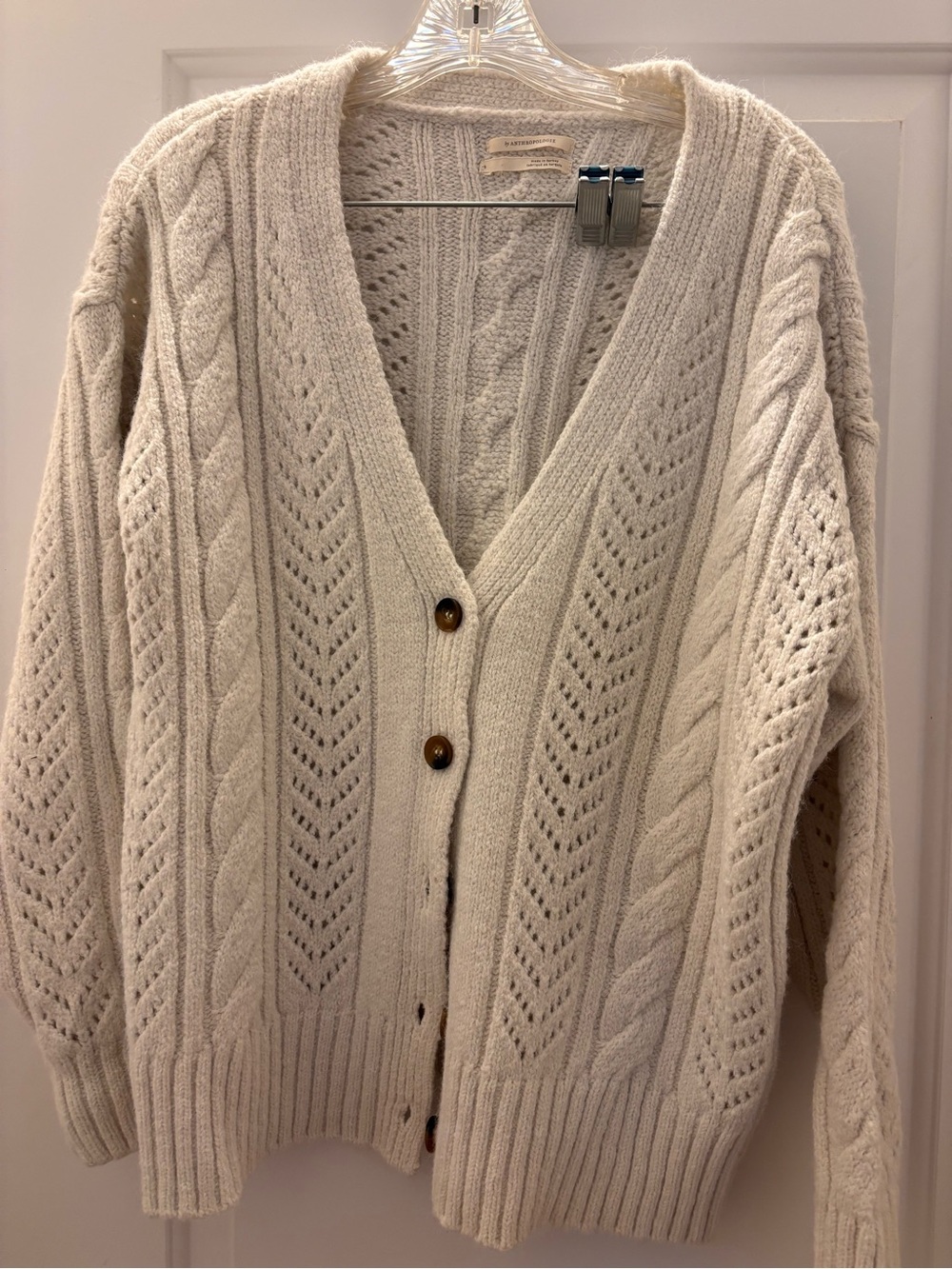 Anthropologie Cream Cable-Knit V-Neck Cardigan